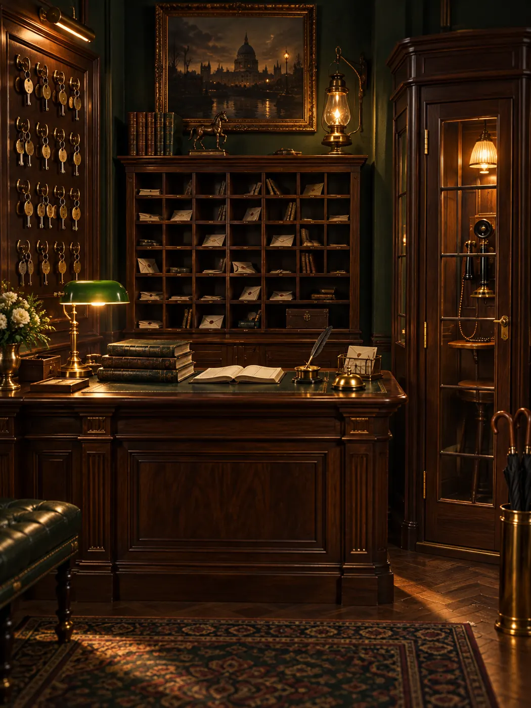 The hall porter's lodge with a key board, ledgers and a telephone booth